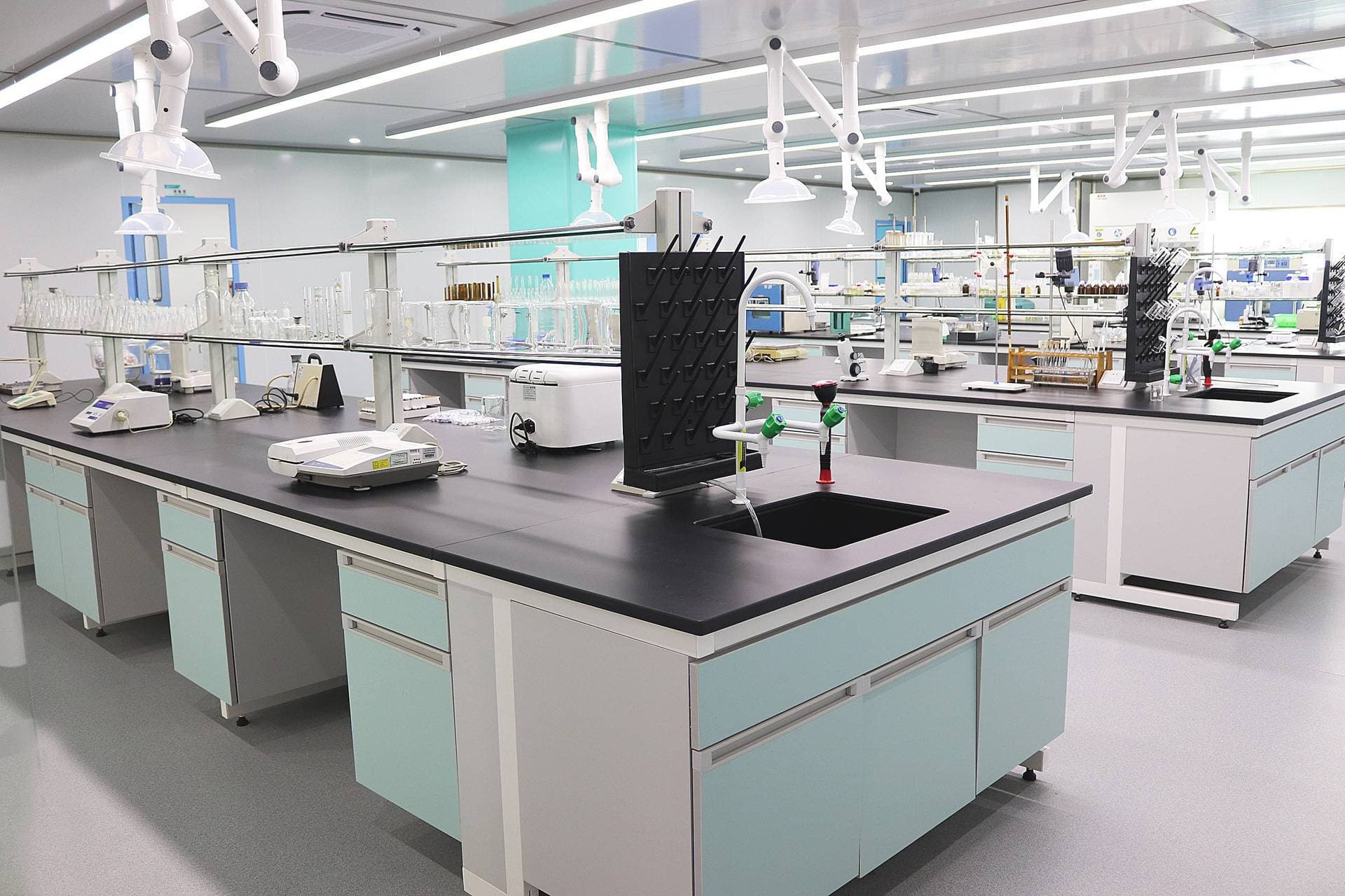 Quality control laboratory benches with analytical equipment